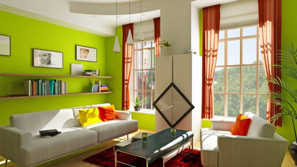 Дизайн интерьера выполнен с использованием светло-зеленого цвета