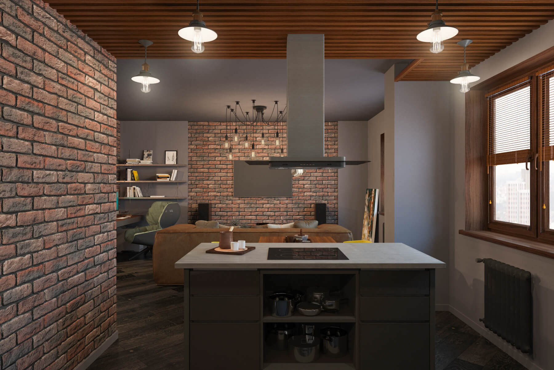 Дизайн совмещенной кухни и гостиной в стиле лофт