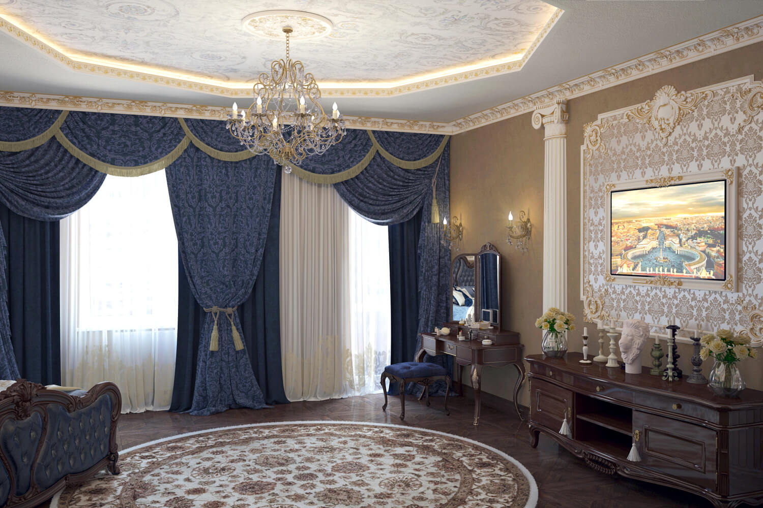 Современный классический стиль для интерьера большой спальни
