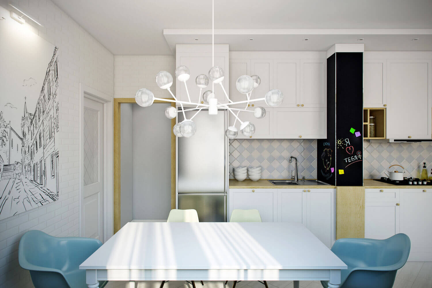 Интерьер квартиры-студии оформлен с использованием белого цвета
